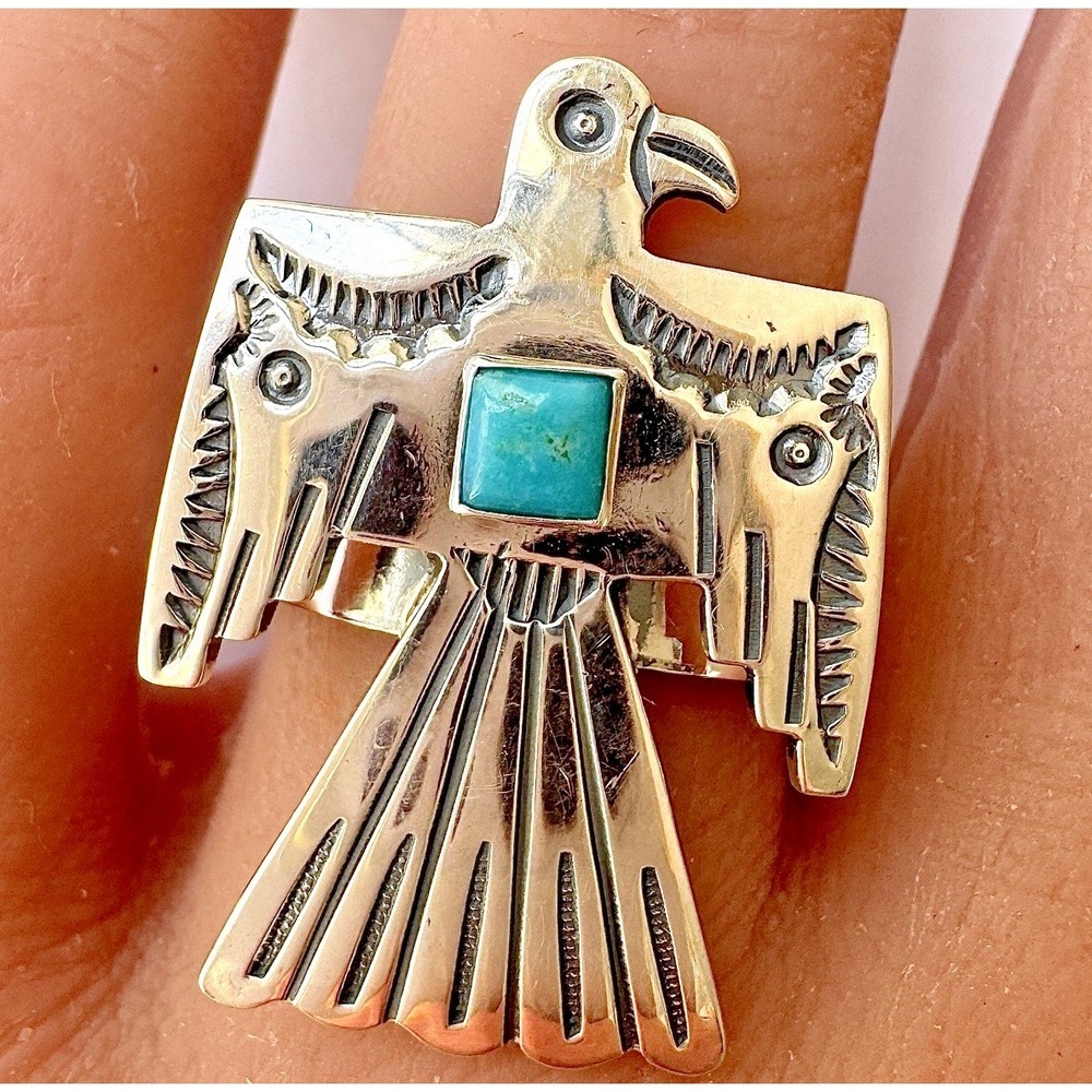 Navajo Turquoise‎ Thunderbird Ring Sz 8 Franklin Johnson Band Native Sterling